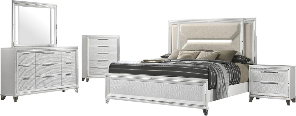 Coaster Home Furnishings Marmore Contemporary 5-Piece Bedroom Set Boucle Upholstered Eastern King Size LED Panel Bed Frame 64-inch Headboard White 224961KE-S5