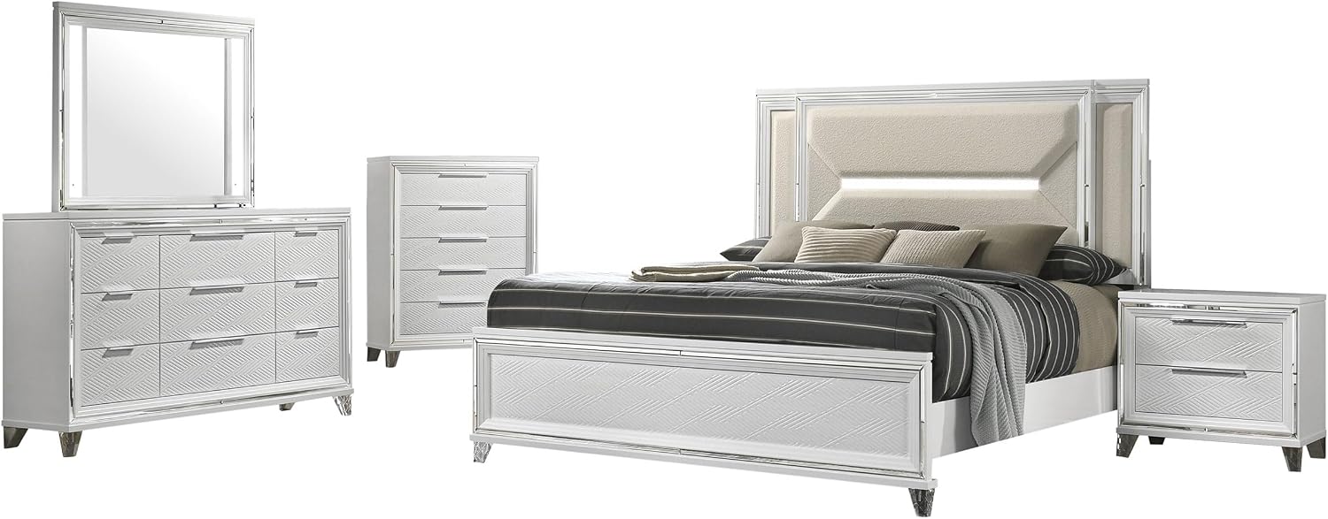 Coaster Home Furnishings Marmore Contemporary 5-Piece Bedroom Set Boucle Upholstered Eastern King Size LED Panel Bed Frame 64-inch Headboard White 224961KE-S5
