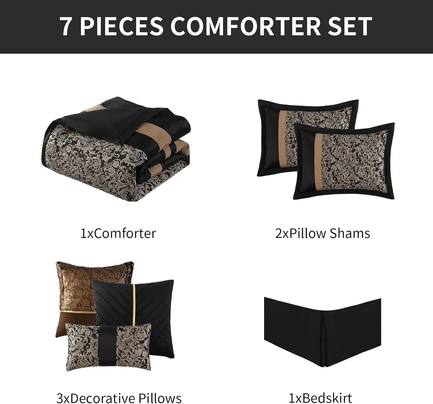Bedduvit Luxury 7 Piece Queen Comforter Set - Vintage Elegant Floral Jacquard Black and Gold Bed in Bag, Chic Stripe Botanical Patchwork Thick Bedding Set with Bed Skirt, Decorative Pillows, Shams