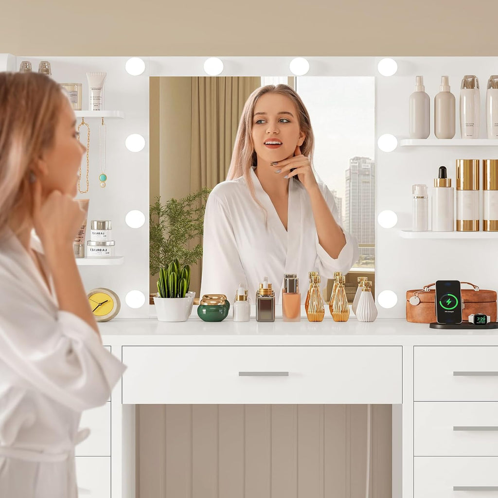 Quimoo Large Vanity Desk with Mirror and Lights, Makeup Vanity with 11 Drawers & 6 Open Shelves, 3 Color Modes & Adjustable Brightness, White Vanity for Girls