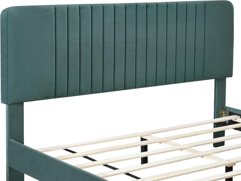 KLMM Modern Queen Size Upholstered Platform Bed, No Box Spring Needed, Velvet Fabric, Suitable for Bedroom Use, Easy to Assemble (Green#G^)
