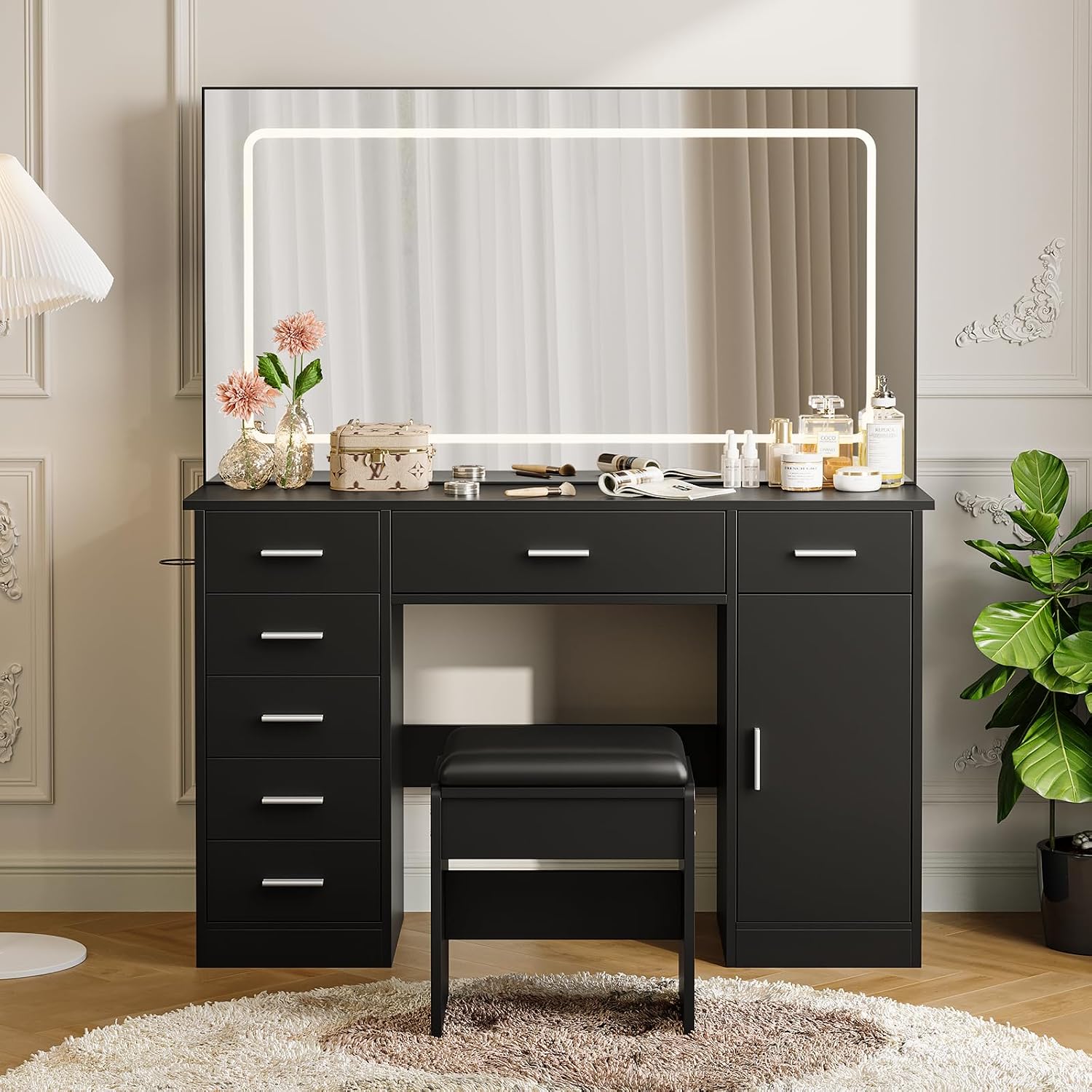 IDEALHOUSE Vanity Desk with Mirror and Lights, White Makeup Vanity with 7 Drawers, 3 Light Mode and Brightness Adjusted, Dressing Table with Hairdryer Holder for Bedroom