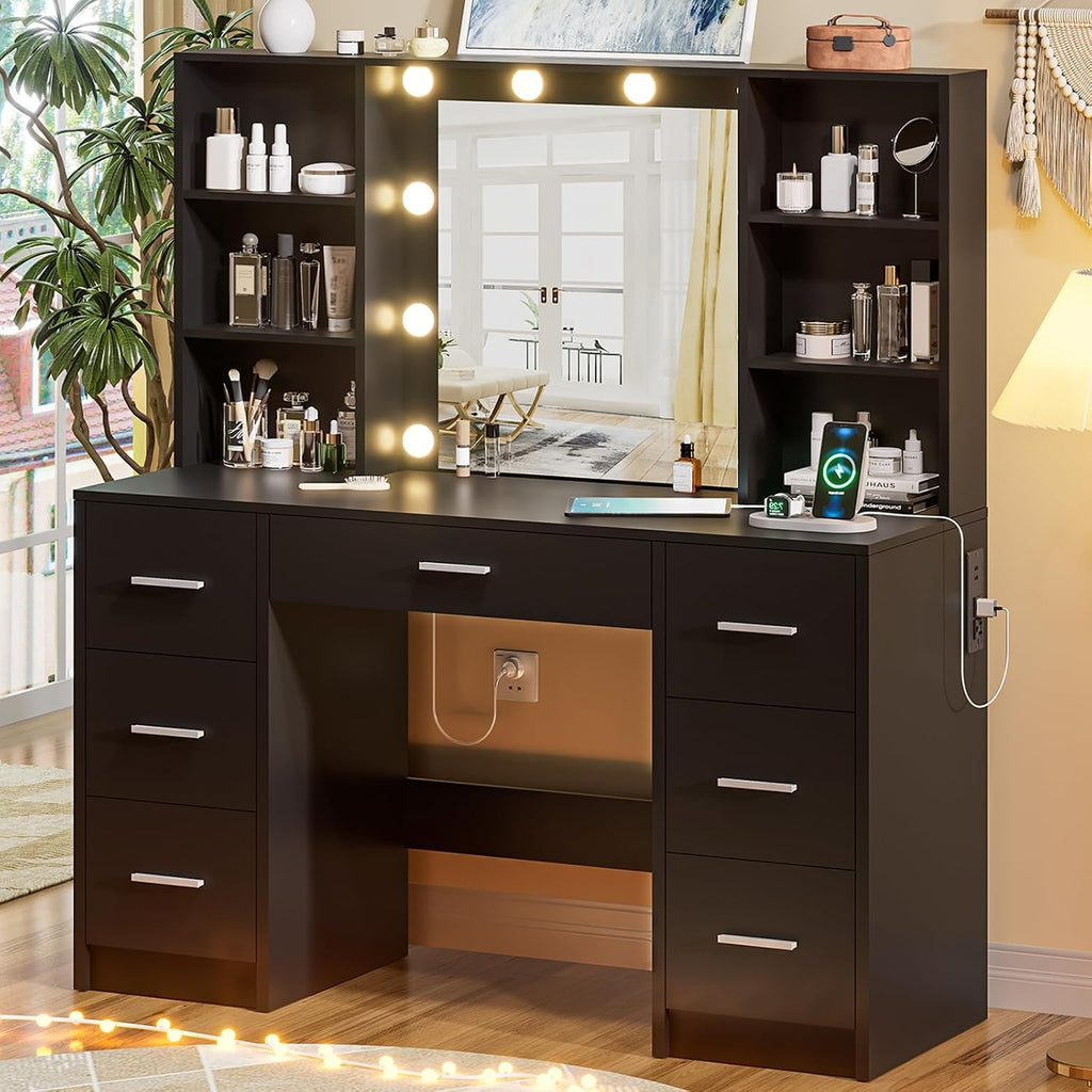 DINGIPP Large Vanity Desk with Mirror, 10 Lights and Power Outlet, Makeup Vanity with Shelves and 7 Drawers, Vanity Desk Dressing Table with 3 Color Light Adjustable, Vanity Table for Bedroom (Black)