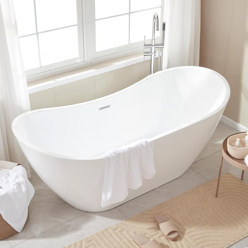 Vanity Art 71' Freestanding Bathtub | Free Standing Tub Stand Alone Tub with Contemporary Design for Soaking and Bathing, Overflow and Pop-up Drain with UPC Certified, Acrylic, VA6517-PW