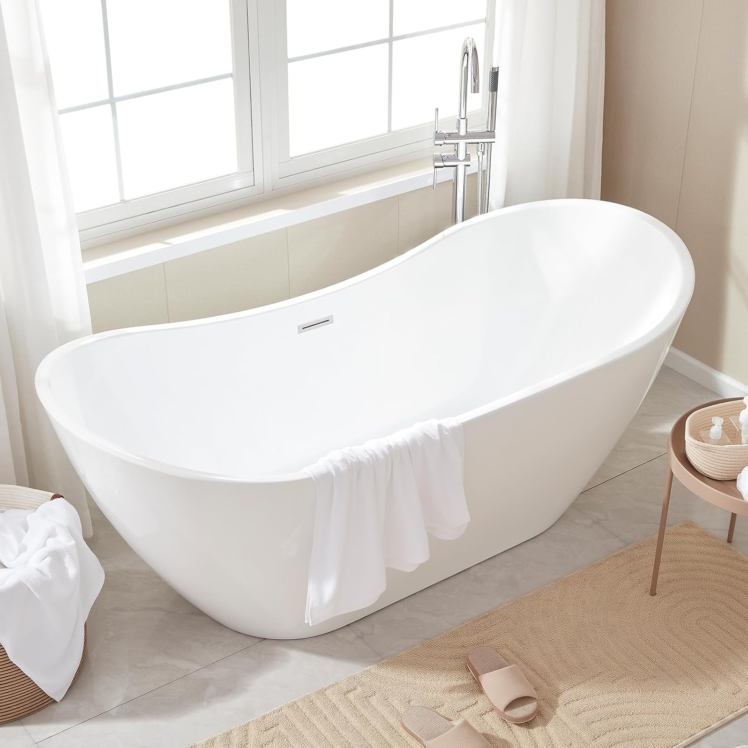 Vanity Art 71' Freestanding Bathtub | Free Standing Tub Stand Alone Tub with Contemporary Design for Soaking and Bathing, Overflow and Pop-up Drain with UPC Certified, Acrylic, VA6517-PW