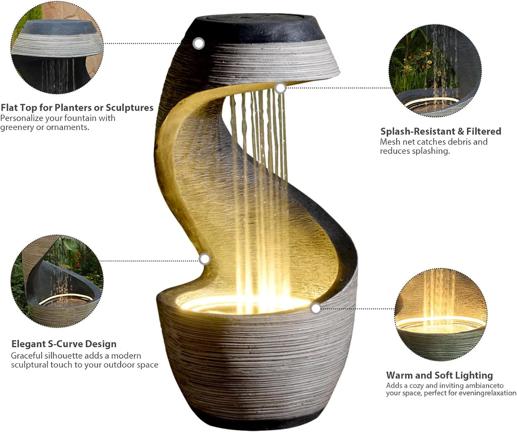 Sunlinua 37' Tall S-Shaped Outdoor Waterfall Fountain – Rainfall Water Fountain for Garden, Patio or Backyard Decor, Floor-Standing Resin Garden Fountains Water Feature with Flat Top for Plant Display