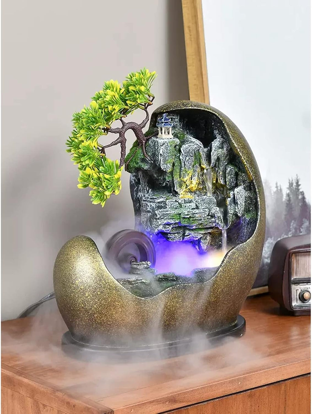 Tabletop Water Fountain Tabletop Water Fountain in Artificial Bonsai Design Indoor Waterfalls Fountains Decorative Feng Shui Tabletop Fountain with Automatic Pump Best Home Gifts for Friends or Family