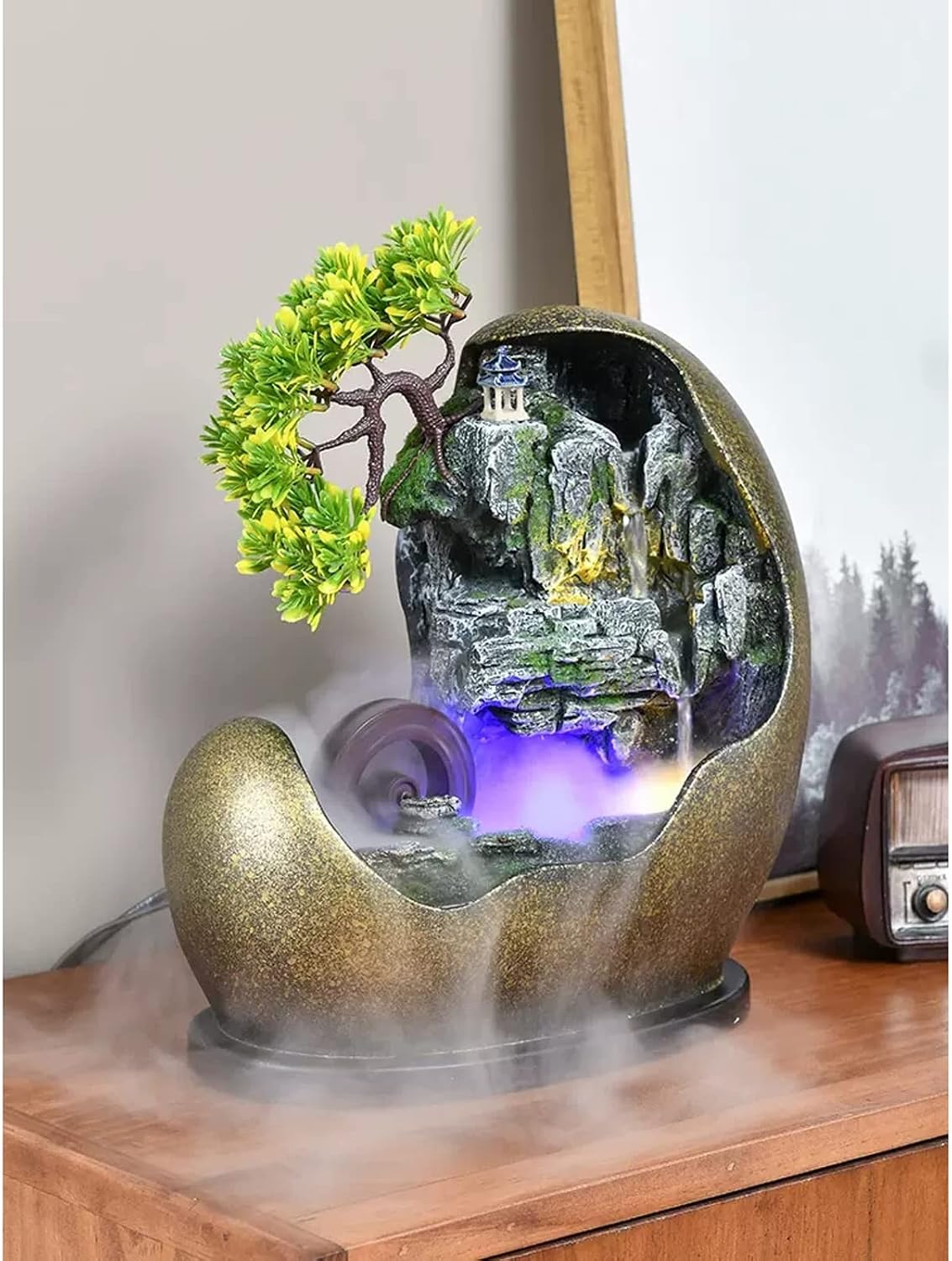 Tabletop Fountains Artificial Bonsai Desktop Fountain Indoor Waterfall Fountain Decorative Feng Shui Desktop Fountain with Automatic Pump Indoor Tabletop Water Fountain(B)