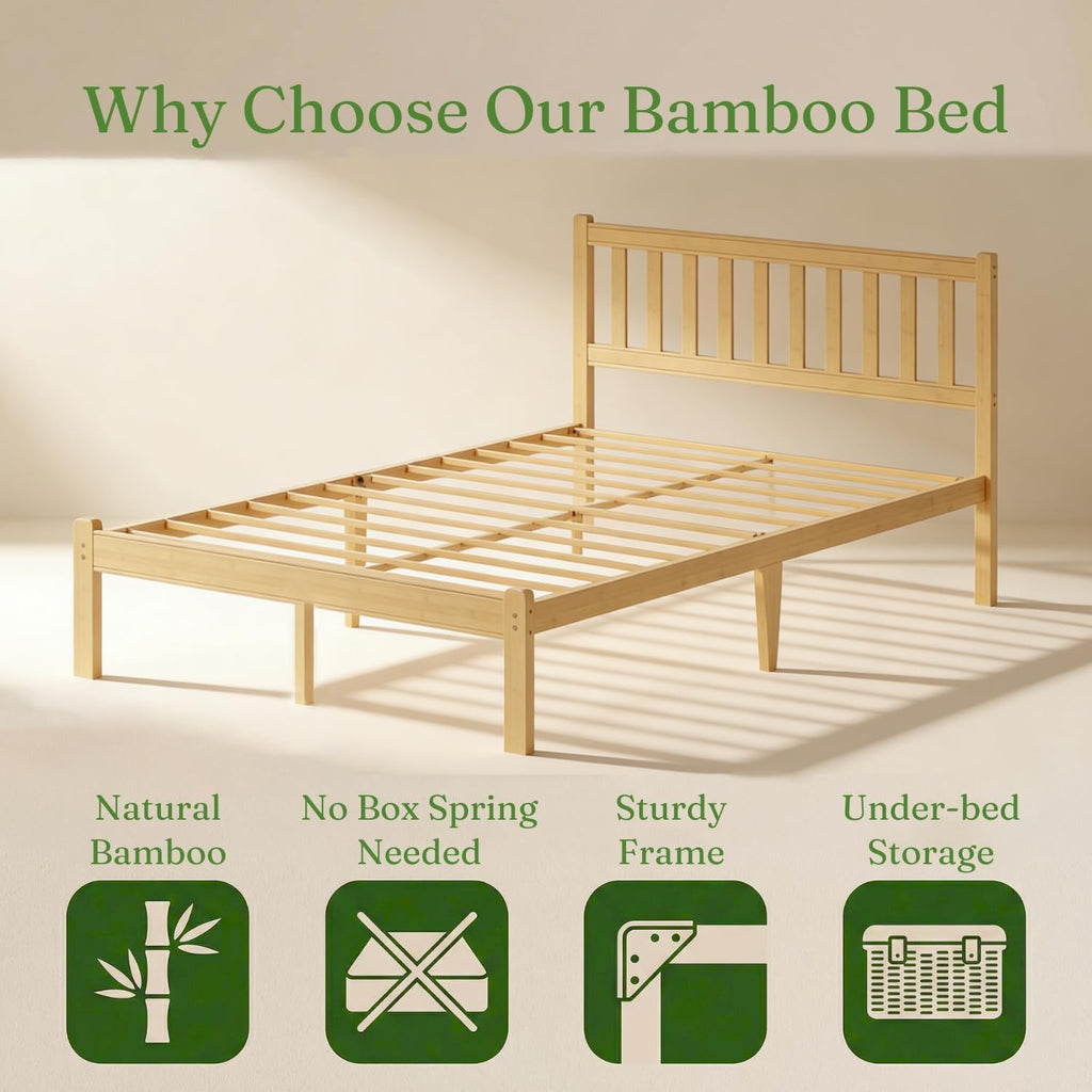 12 in High Solid Bamboo Wood Full Bed Frame with Headboard, Platform Full Size Bed Frame, Heavy Duty, No Box Spring Needed, Nosie Free