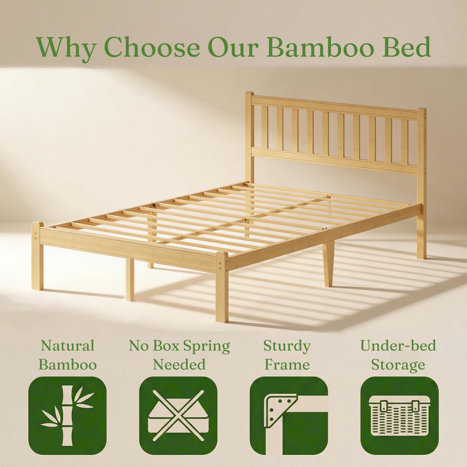 12 in High Solid Bamboo Wood Platform Queen Bed Frame with Headboard, Bed Frame Queen Size, Heavy Duty, No Box Spring Needed, Nosie Free