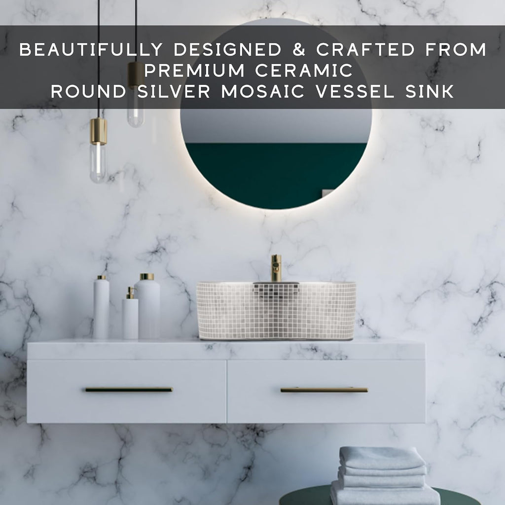 Strictly Sinks 18 Inch Round Silver Vessel Sink - Modern Ceramic Countertop Bathroom Sink with Faucet Mount and Overflow – Easy to Install Above Counter Luxurious Bathroom Vessel Sink