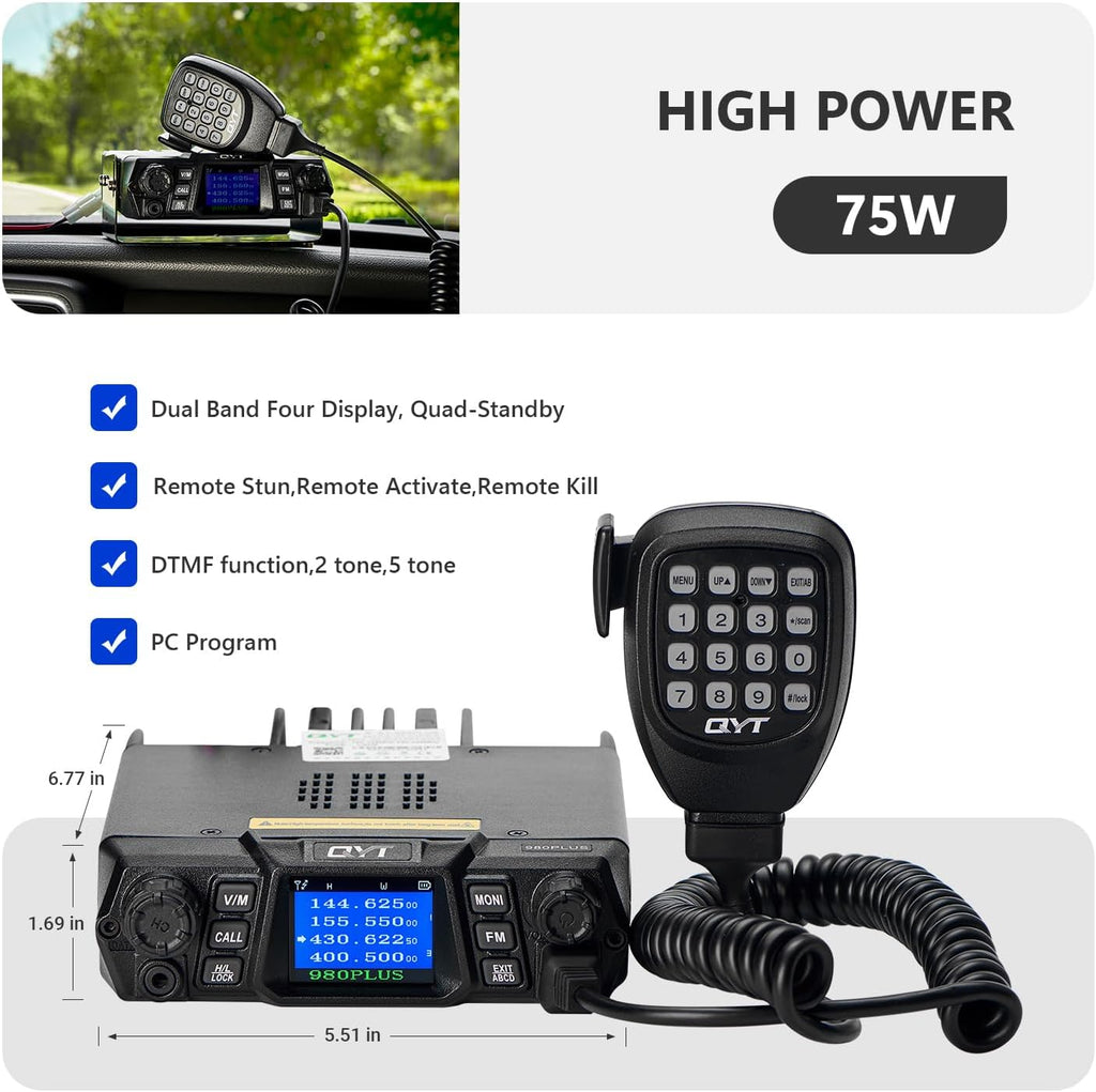 QYT KT-980PLUS 50W Dual Band GMRS Mobile Radio - Car Two Way Radio with 4 Displays & Quad Standby with Repeater Capability, 200 Channels,GMRS Radio Base Station for Off-Roading & Vehicle Driving