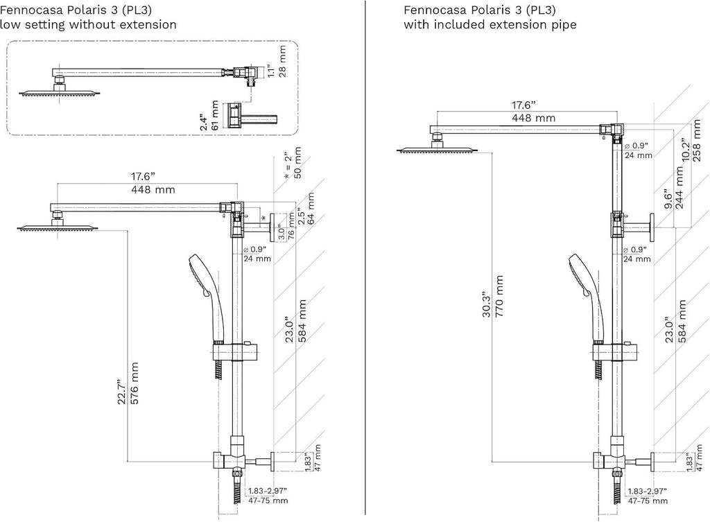 Fennocasa Polaris 3 Rain Shower System, 8' Rainfall Shower Head and Handheld Shower Combo, includes 3-Setting Handheld Spray, Height Adjustable Shower Wand Holder, 60' Hose (1.8 GPM Brushed Nickel)