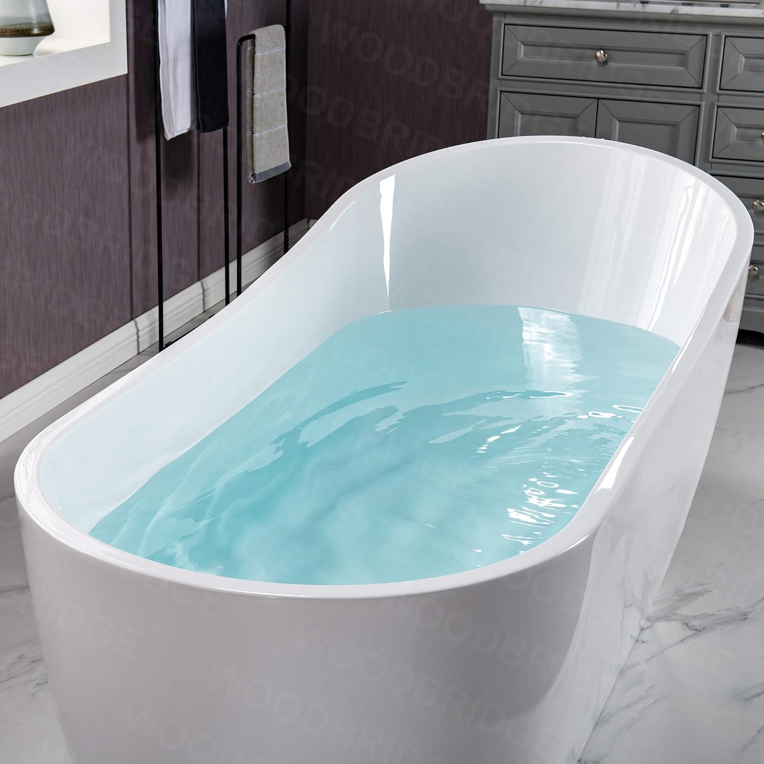 WOODBRIDGE 67'Freestanding White Acylic Soaking Bathtub with White Pillow,Drain and Overflow in Brushed Gold,BTA1508 -BG-Drain &O+ Pillow