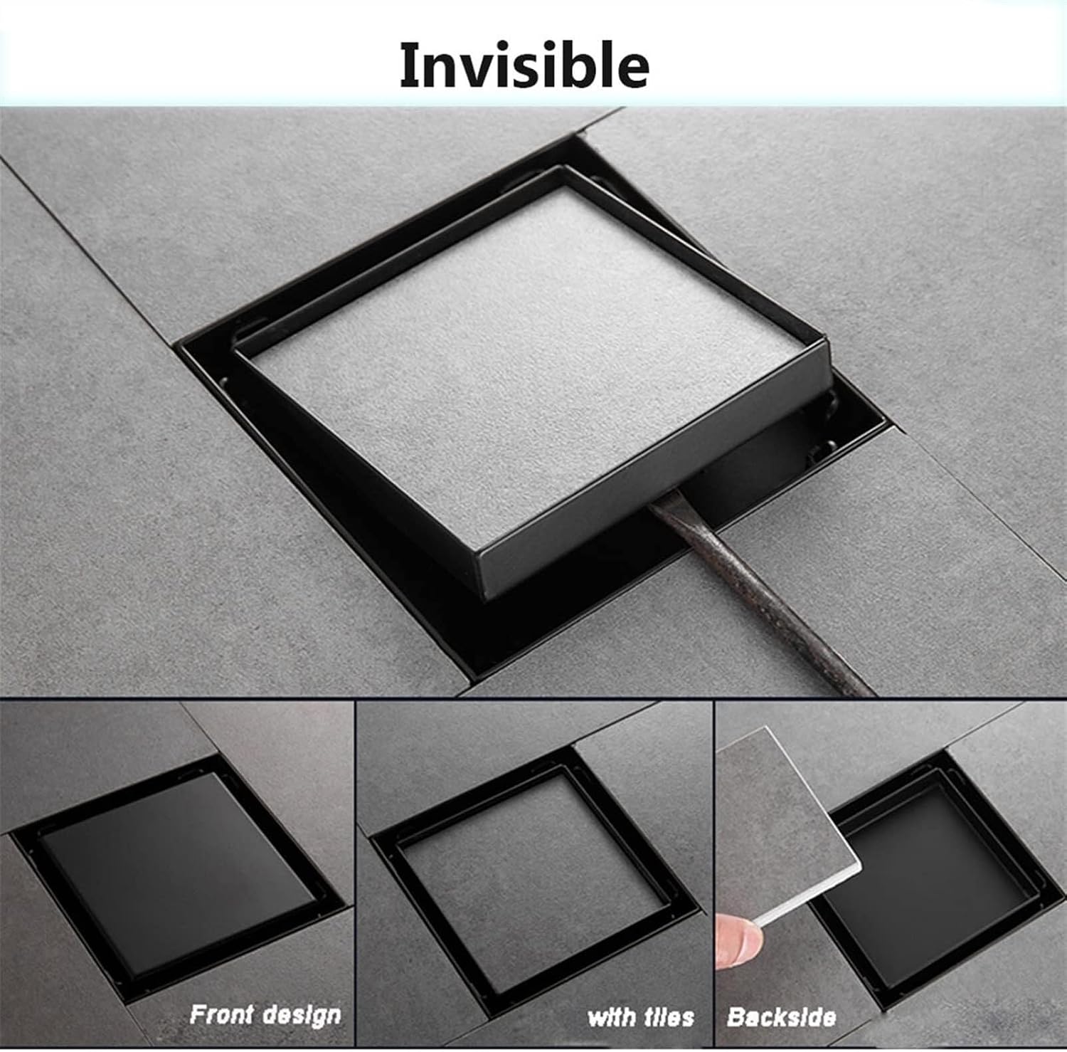 4 Inch Invisible Shower Floor Drain Brass Shower Drain with Tile Insert Grate Removable Cover Hair Catcher Strainer, Square Floor Drainer with Hair Strainer