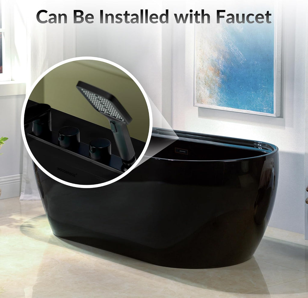 WOODBRIDGE 67' L x 31-1/2' W Freestanding Contemporary Acrylic Soaking Bathtub in Glossy Black Inside and Outside with Oil-Rubbed Bronze Drain & Overflow,B8863-ORB