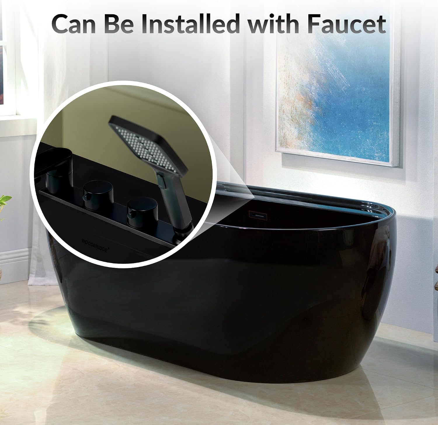 WOODBRIDGE 67' L x 31-1/2' W Freestanding Contemporary Acrylic Soaking Bathtub in Glossy Black Inside and Outside with Oil-Rubbed Bronze Drain & Overflow,B8863-ORB