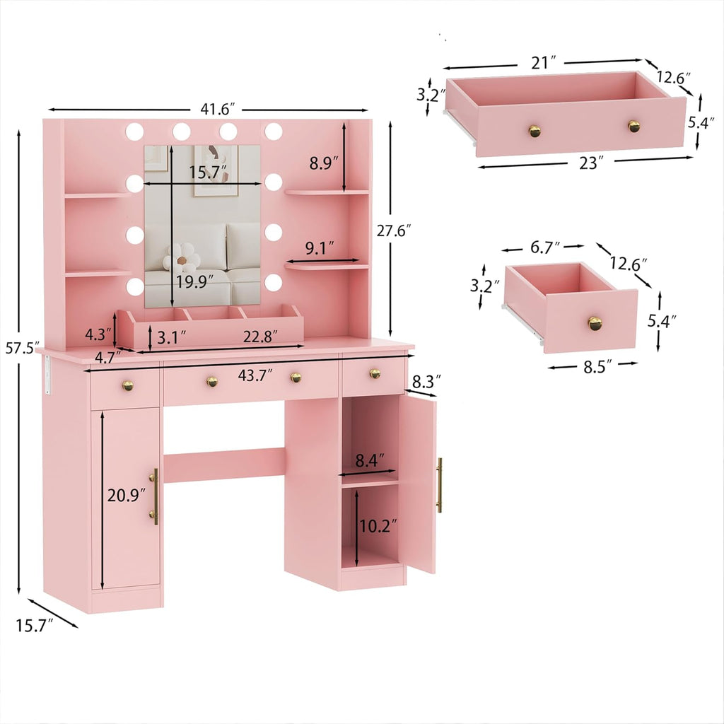 HUANLEGO Vanity Desk with Mirror and Lights, Makeup Vanity with Mirror and LED Lights & Power Outlet, 3 Drawers and Cabinets, 3 Lighting Modes Dressing Table Set for Girls Women Bedroom,Pink