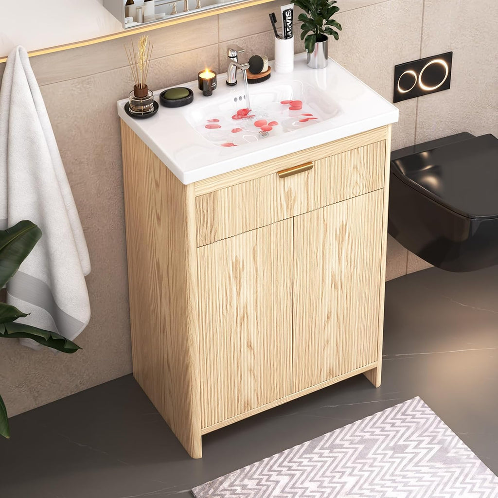 24'' Bathroom Vanity with Ceramic Single Sink Combo, Small Freestanding Bathroom Storage Vanity Cabinet with Drawer & Cabinet, Metal Handle，Natural Oak