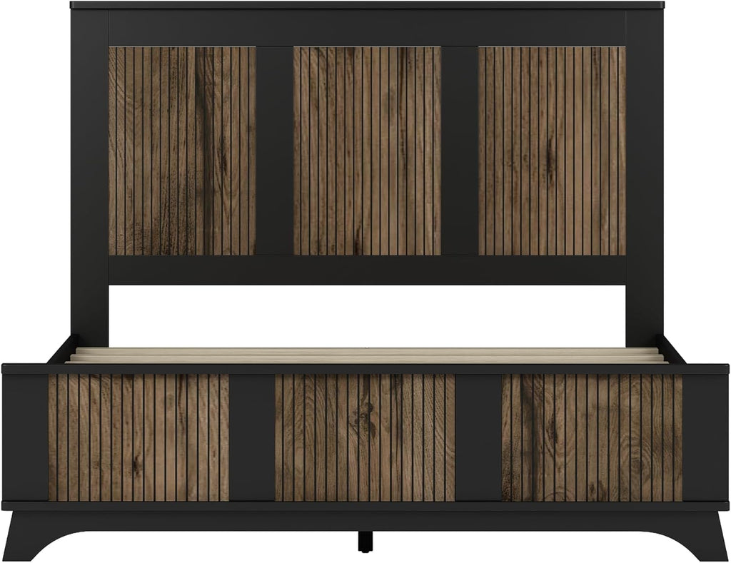 JIJIWANG 4-Pieces Bedroom Sets, Queen Size Farmhouse Platform Bed with Wooden Strip Stickers Decoration, Storage Nightstand and Dresser with Metal Handle, Black
