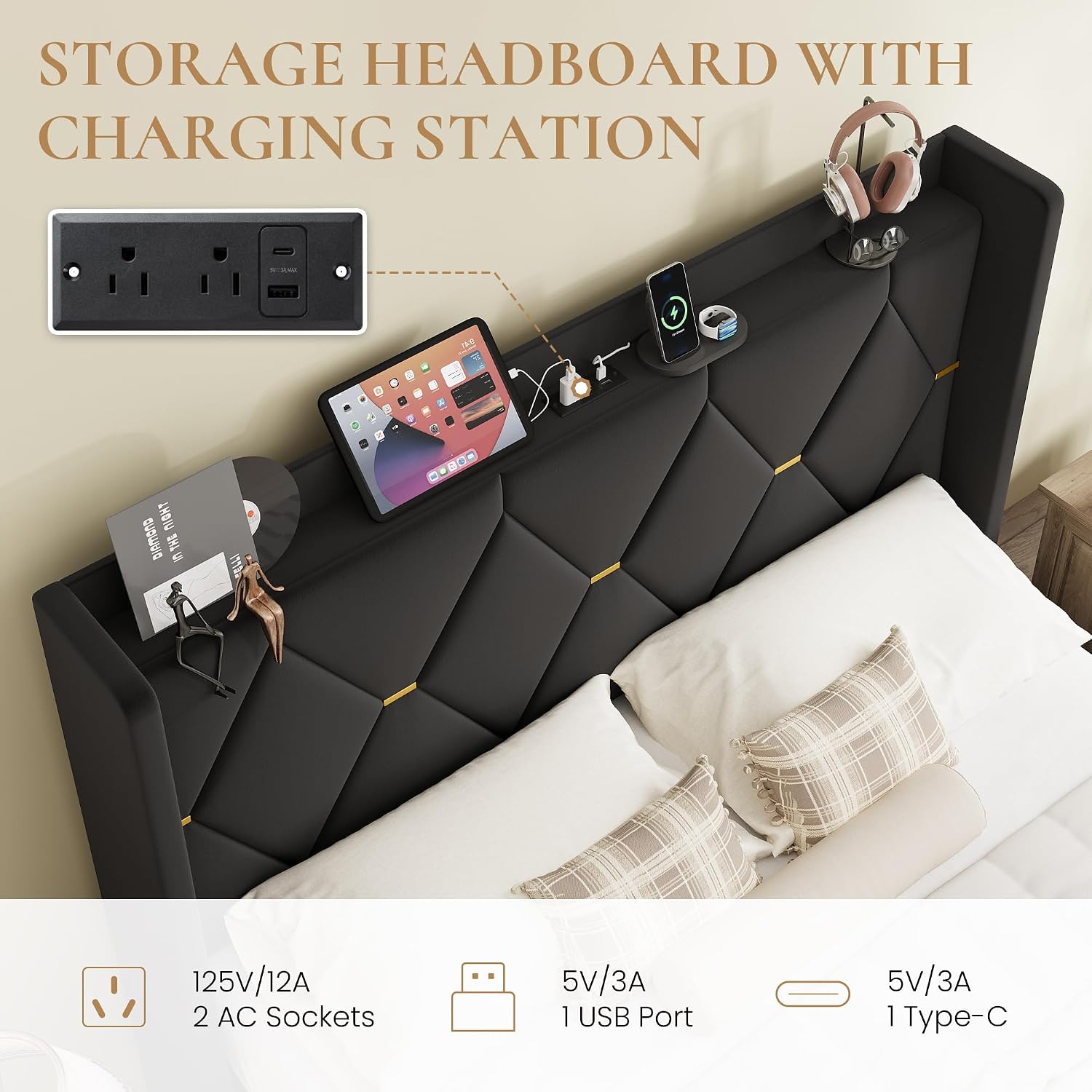SHA CERLIN Full Size Velvet Upholstered Bed Frame with Charging Station, Modern Wingback Storage Headboard, Diamond Stitched & Gold Trim, No Box Spring Needed, Easy Assembly, Black