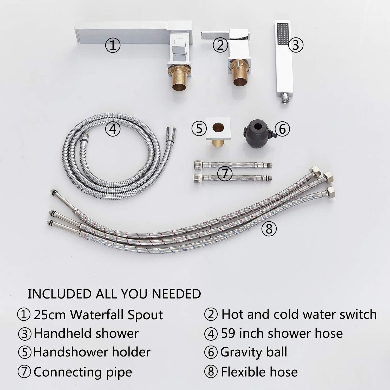 Waterfall Bathtub Faucet with Sprayer, 3-Hole Roman Tub Filler with Hand Shower Deck Mount Waterfall Tub Spout Set Chrome