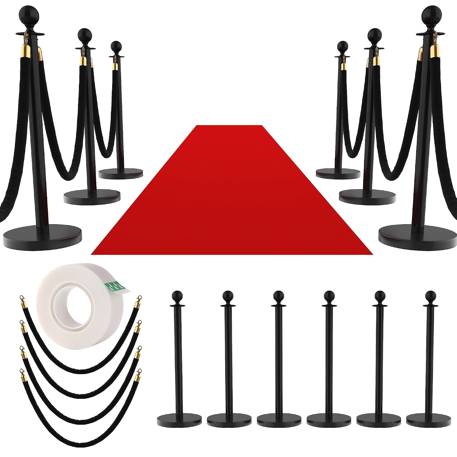 12Pcs Stanchions and Velvet Ropes, Black Stanchions with Retractable Belts, Crowd Control Barriers with Hollow Base, Red Carpet Ropes and Posts for Event & Party Supplies