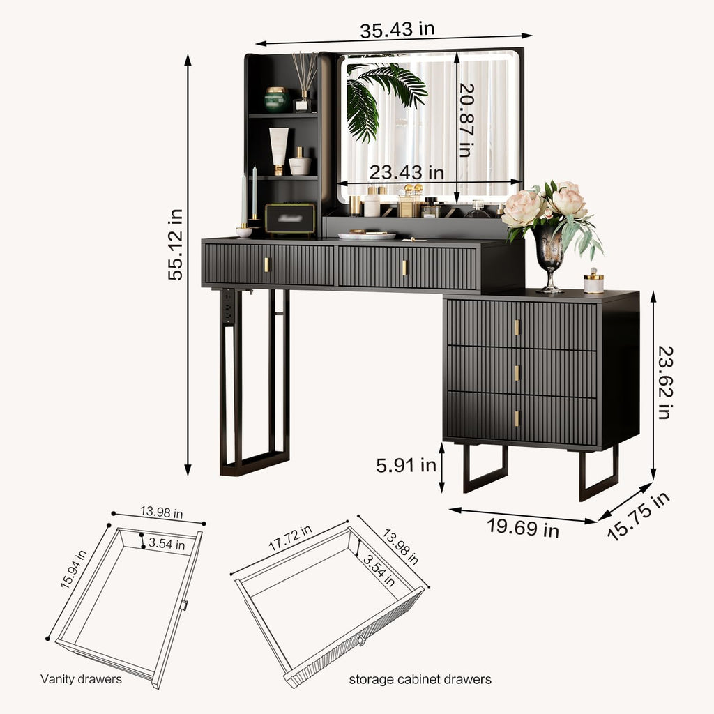 Large Vanity Desk with 3 Color Touch Screen Dimming Mirror, Vanity Desk with Charging Station, Modern Retractable Makeup Dressing Table, Makeup Table With storage shelves and 5 Sliding Drawers, Black