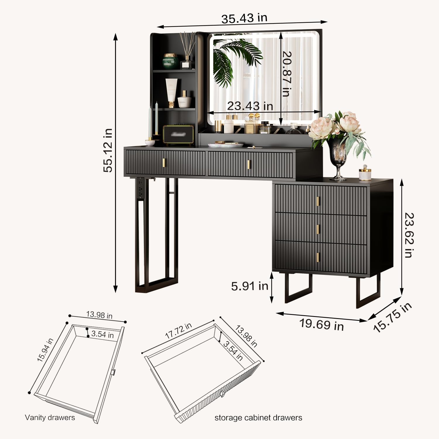 Large Vanity Desk with 3 Color Touch Screen Dimming Mirror, Vanity Desk with Charging Station, Modern Retractable Makeup Dressing Table, Makeup Table With storage shelves and 5 Sliding Drawers, Black