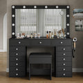 FUSOU 15 Drawers Vanity with Mirror and 12 LED Lights, Makeup Vanity with Charging Station, 3 Color Modes Adjustable Brightness, Glass Top Vanity Desk with Stool for Bedroom, Black