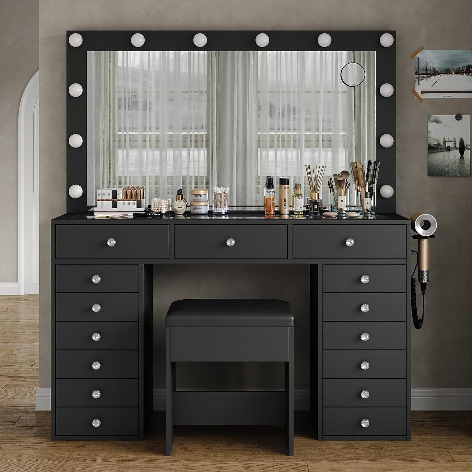 FUSOU 15 Drawers Vanity with Mirror and 12 LED Lights, Makeup Vanity with Charging Station, 3 Color Modes Adjustable Brightness, Glass Top Vanity Desk with Stool for Bedroom, Black