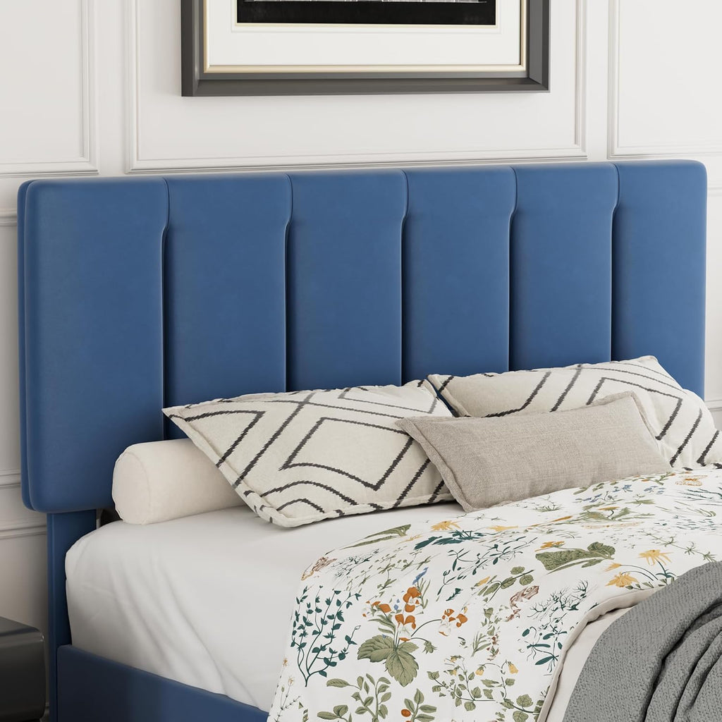 VECELO Queen Bed Frame with Upholstered Headboard, Heavy-Duty Platform Bedframe with Strong Wooden Slats Support, No Boxing Spring Needed, Dark Blue