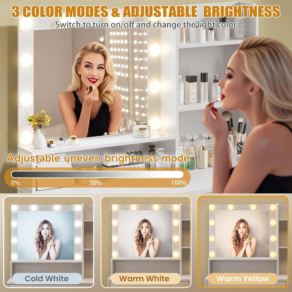 Vanity Desk with Lighted Mirror, White Vanity with 4 Drawers,Makeup Vanity with Storage Shelves and Power Outlet,10 Lights with 3 Color Modes Brightness Adjustable for Girls' Bedroom (White)