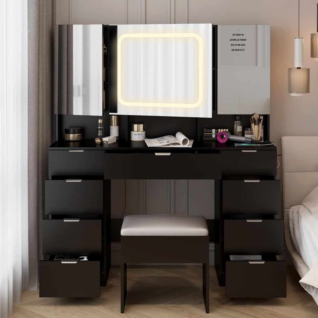VINGLI 47'' Vanity Desk with LED Lighted Large Mirror & Cushioned Stool, Makeup Set with 3 Mirrored Cabinets & Lighting in 3 Colors & 9 Drawers & Charging Station for Bedroom, Black