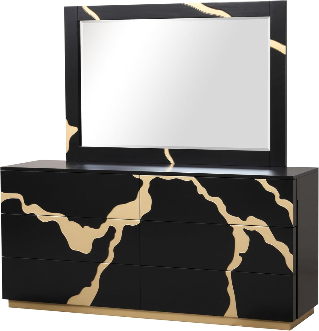Furniture of America Quanta Modern Wood 5-Piece Bedroom Set with Panel Headboard and Gold-Painted Pattern Extended Walls, Felt-Lined Top Drawer, No Box Spring Needed, King, Black