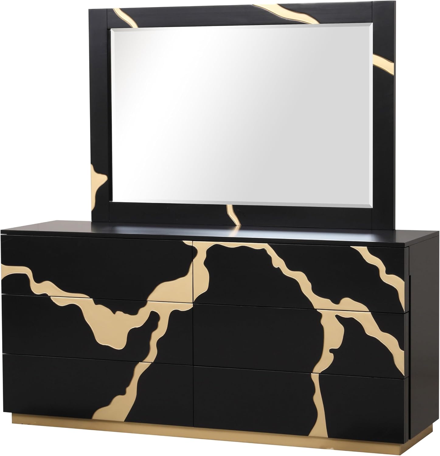 Furniture of America Quanta Modern Wood 5-Piece Bedroom Set with Panel Headboard and Gold-Painted Pattern Extended Walls, Felt-Lined Top Drawer, No Box Spring Needed, King, Black