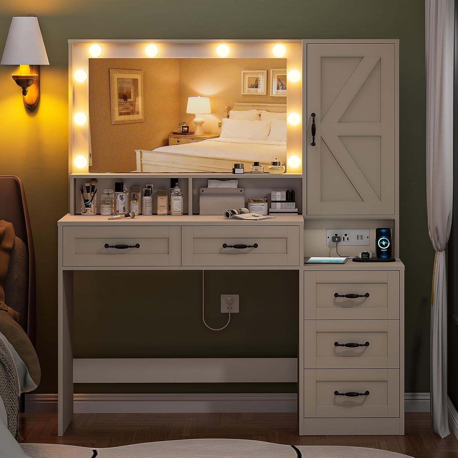 DINGIPP Farmhouse Vanity Desk with Mirror and 10 Led Lights, 45.3' Large Makeup Vanity Table with Power Outlet, 5 Drawers and 1 Cabinet, Vanity Set Dressing Table with 9 Hooks for Women Girls (White)