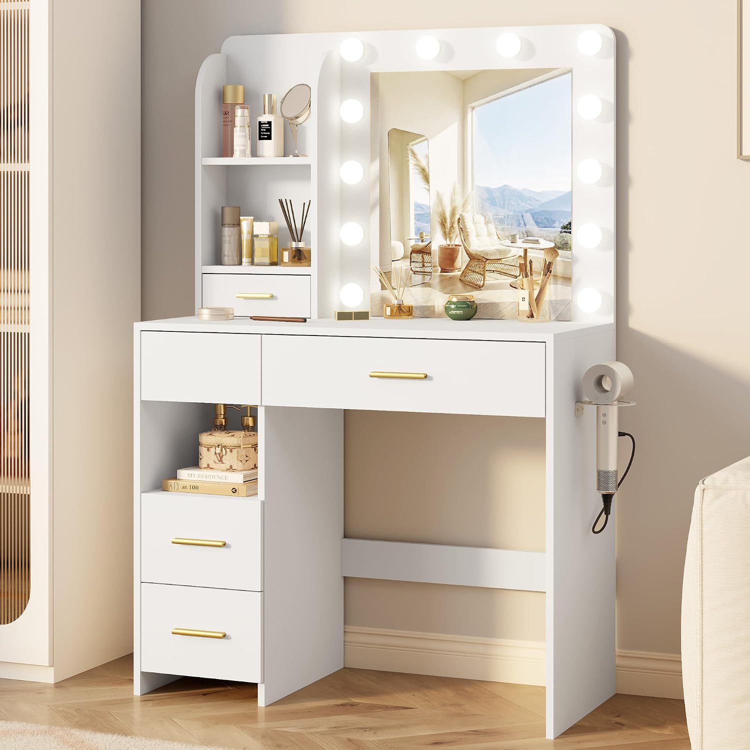 Otterease Vanity Desk with LED Lighted Mirror&Power Outlet, 3 Lighting Colors Makeup Vanity with 5 Large Drawers and 3 Storage Shelves, Vanity with Storage Stool for Bedroom, White