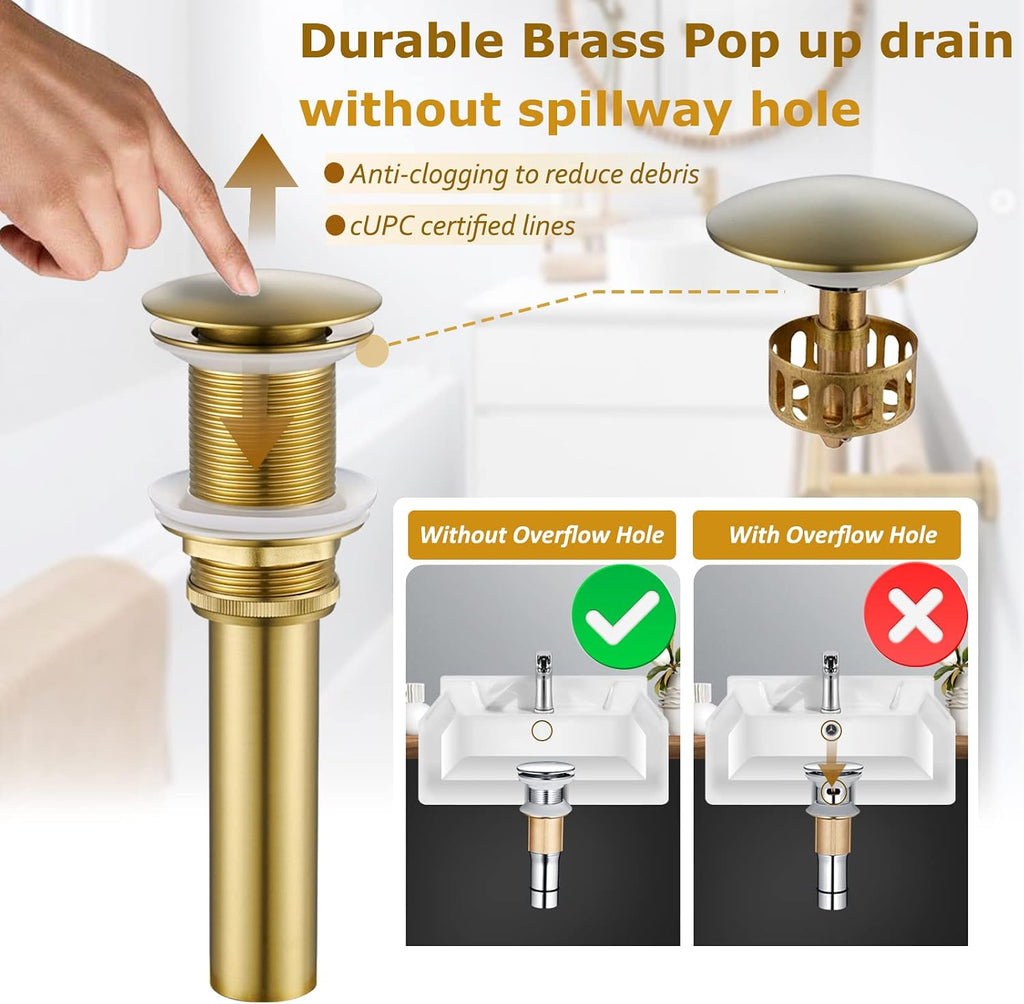 Vessel Sink Faucet Brushed Gold Tall Bathroom Faucet Deck Mount Single Handle One Hole Lavatory Vanity Faucet with Pop Up Drain Assembly Bathroom Sink Faucet for Mixer Bowl(L2302-BG)