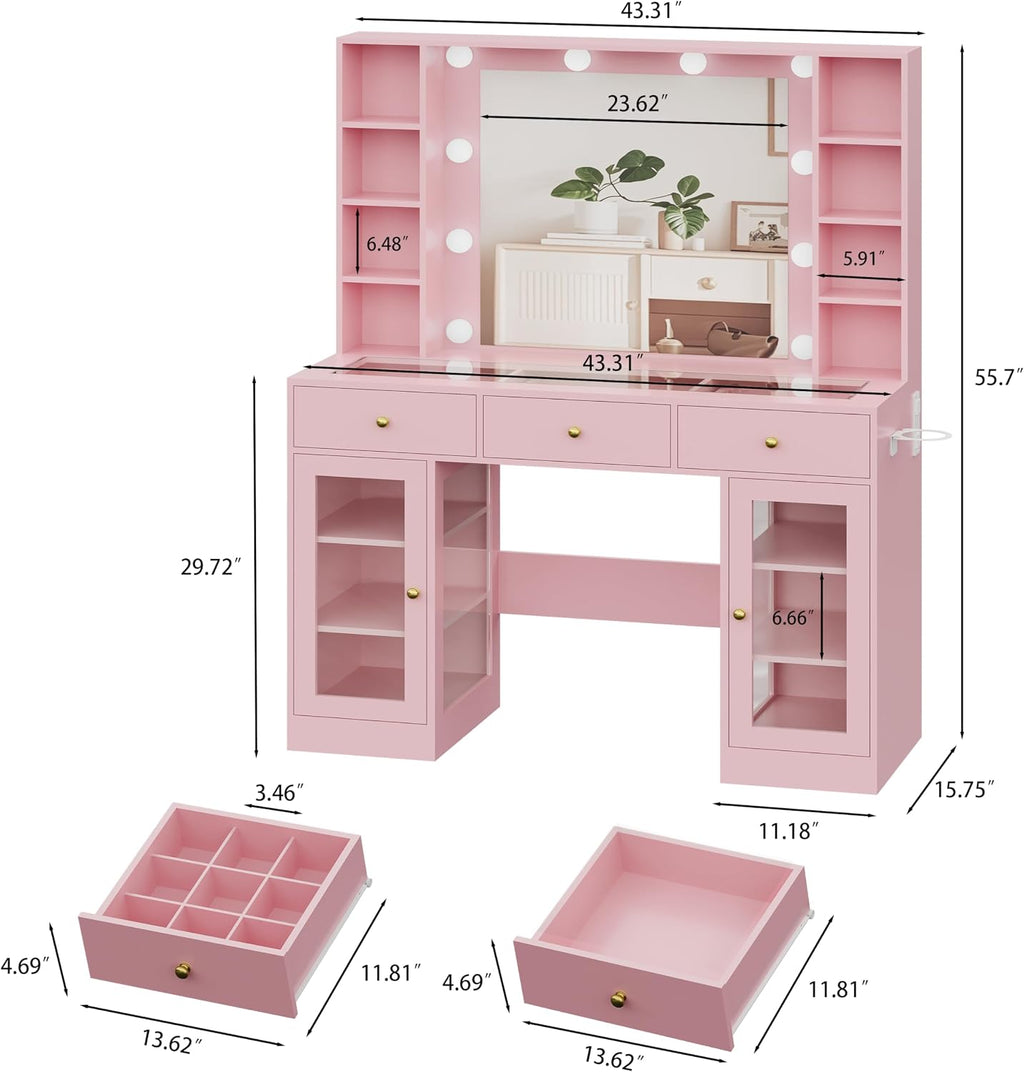 HUANLEGO Pink Vanity Desk with Mirror and Lights, Glass Top Vanity with Lighted Mirror & RGB Glass Cabinet and 3 Drawers, Makeup Vanity Desk with Lights Dressing Table for Bedroom, 3 Color Modes