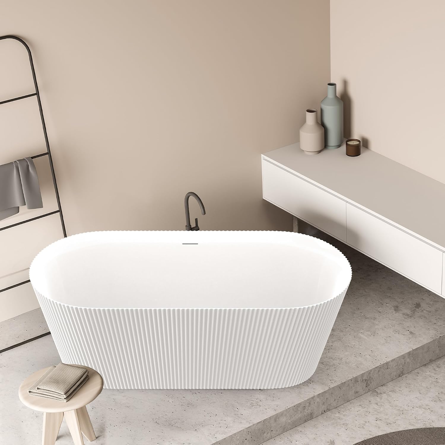 ANZZI Freestanding Soaking Bathtub 59 In Acrylic Solid Surface Glossy Flatbottom White Bailey Series 14.8 In Soaking Depth 67.4 Gal Capacity Overflow Drain Compact One Piece Design | AMZFT650-59