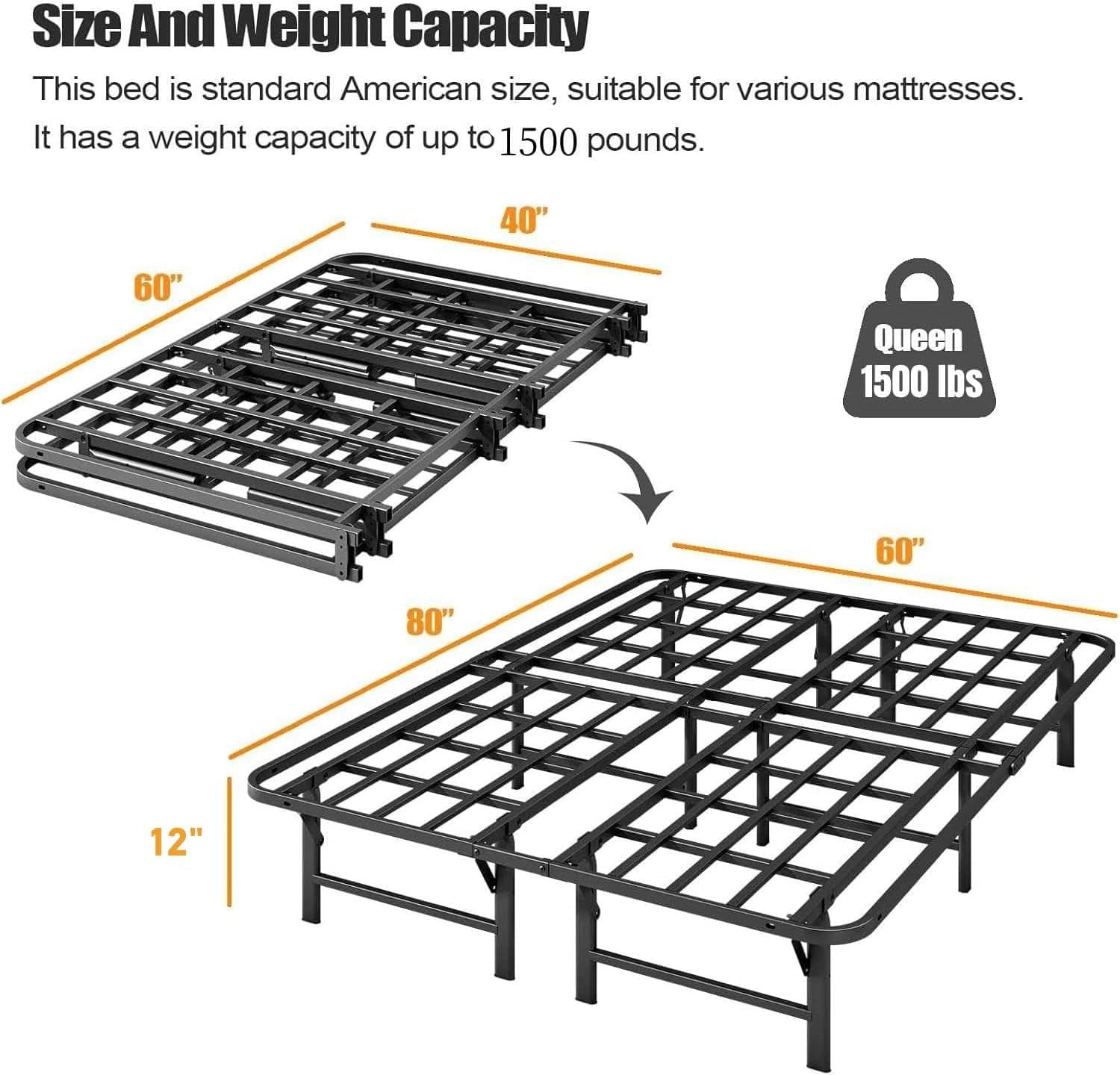 ZIYOO Heavy Duty Folding Bed Frame Queen Size, 12' High Sturdy Steel Slats Support for Mattress, Metal Platform Bed Frame Queen Size, No Box Spring Needed, Quick Assembly, Noise Free, Black
