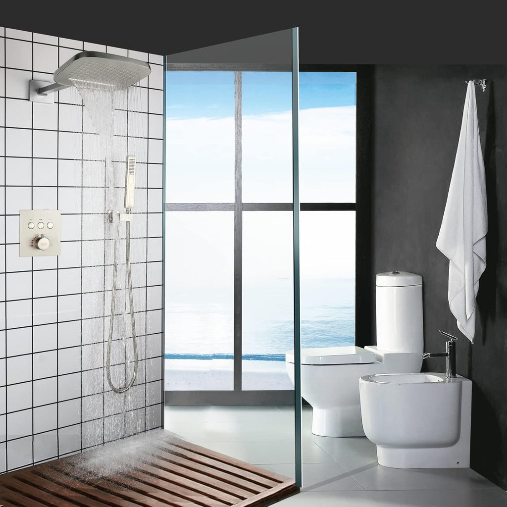 cUPC Certificatin Thermostatic Waterfall Rain Shower System With Headheld Spray Brass Wall Mounted Rainfall Shower Head (Can Use All Options at A Time)