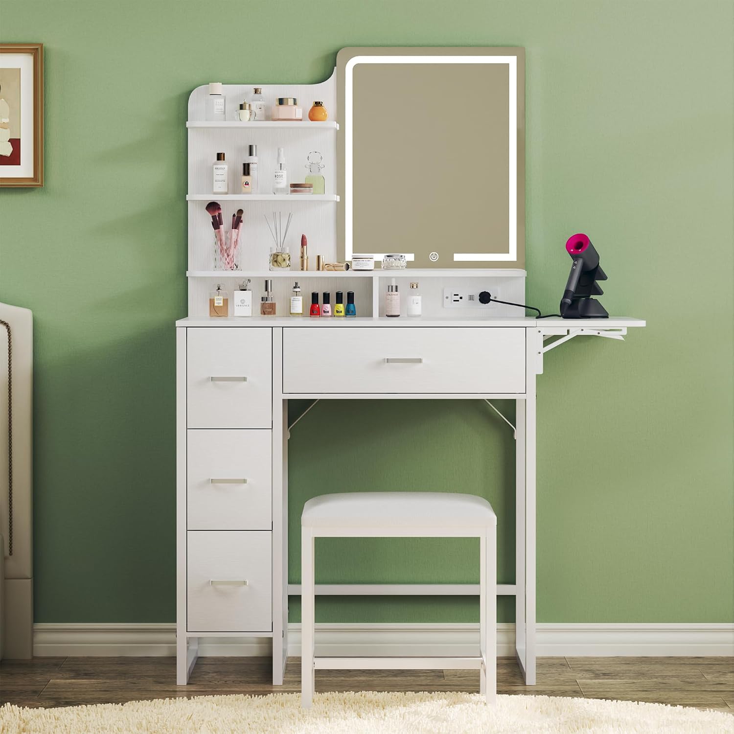 ALEXNUTRE Makeup Vanity Desk with Mirror and Lights, 36.6' Small Makeup Vanity with 4 Fabric Storage Drawer & Chair & Shelves, White Vanity with Fold-up Panel and Power Outlet for Bedroom