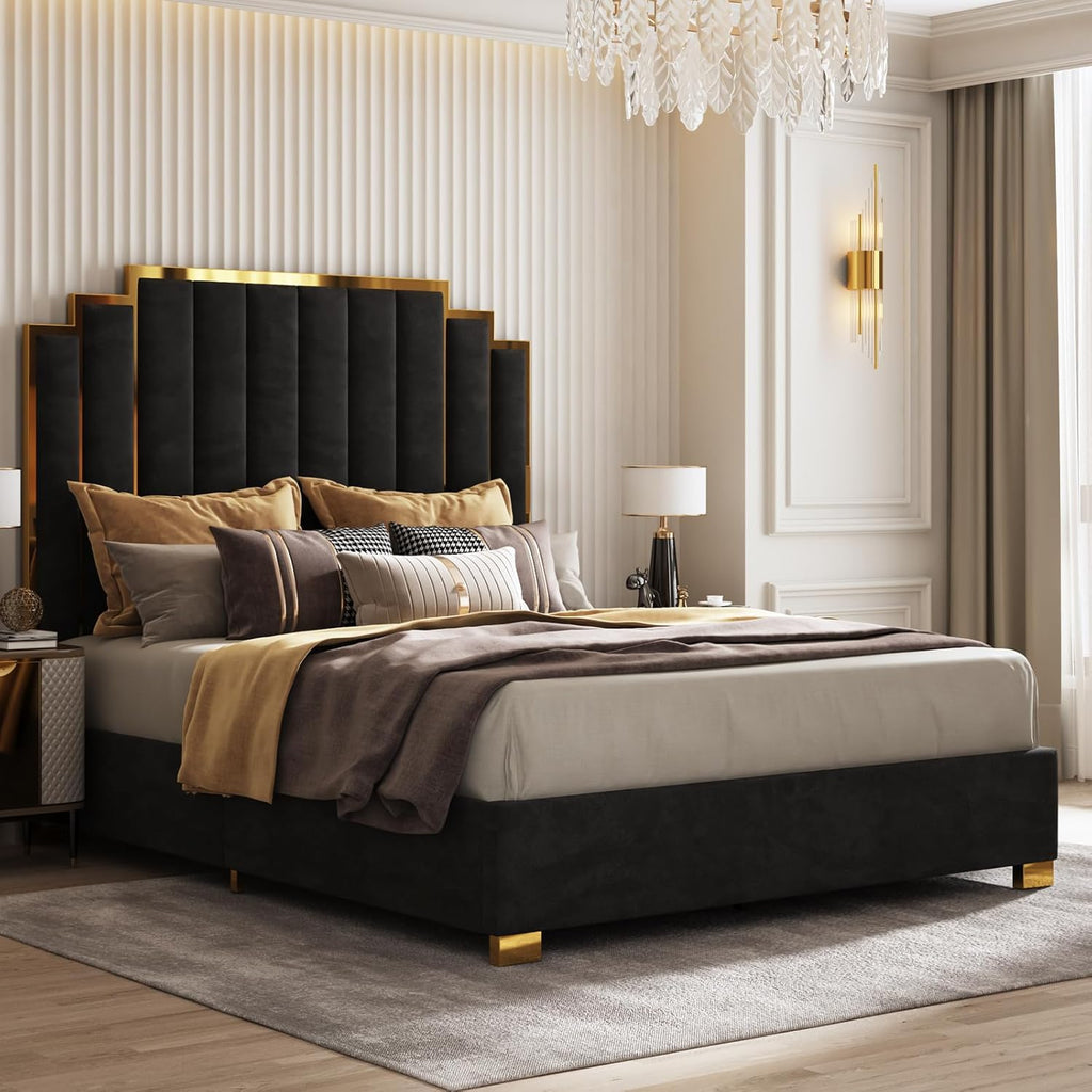 AMERLIFE King Size Upholstered Bed, Modern Velvet Bed Frame with 65.4' Tall Gold Trim Headboard, No Box Spring Needed, Black