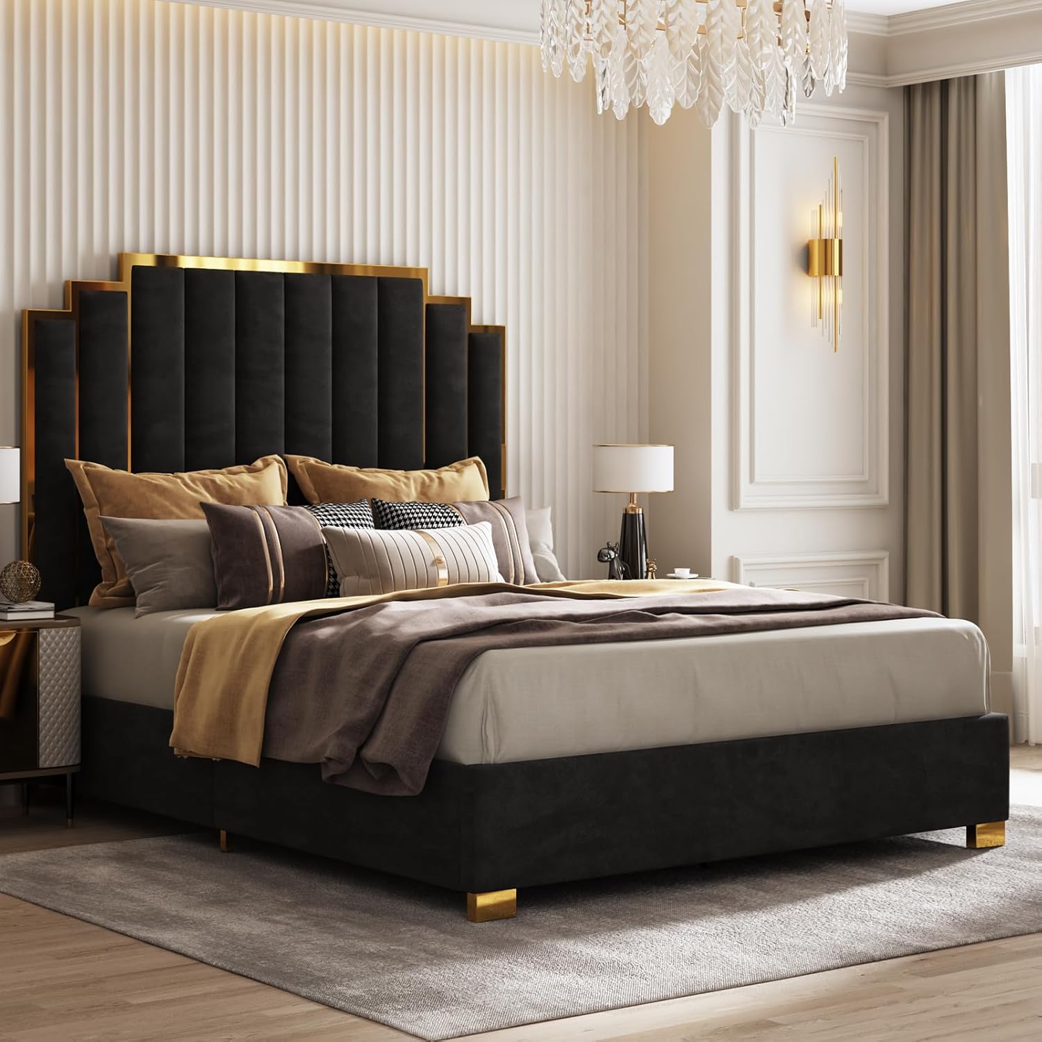 AMERLIFE King Size Upholstered Bed, Modern Velvet Bed Frame with 65.4' Tall Gold Trim Headboard, No Box Spring Needed, Black