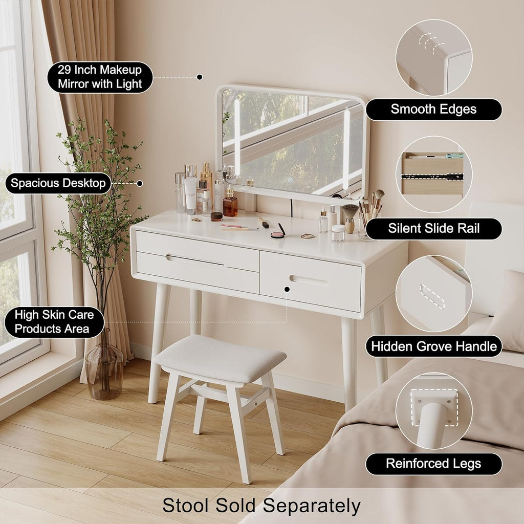 Solid Wood Vanity with Mirror and Lights, Adjustable Brightness, Wood Makeup Vanity with 3 Drawers, Semi-Assembled, Vanity Desk for Bedroom (White)
