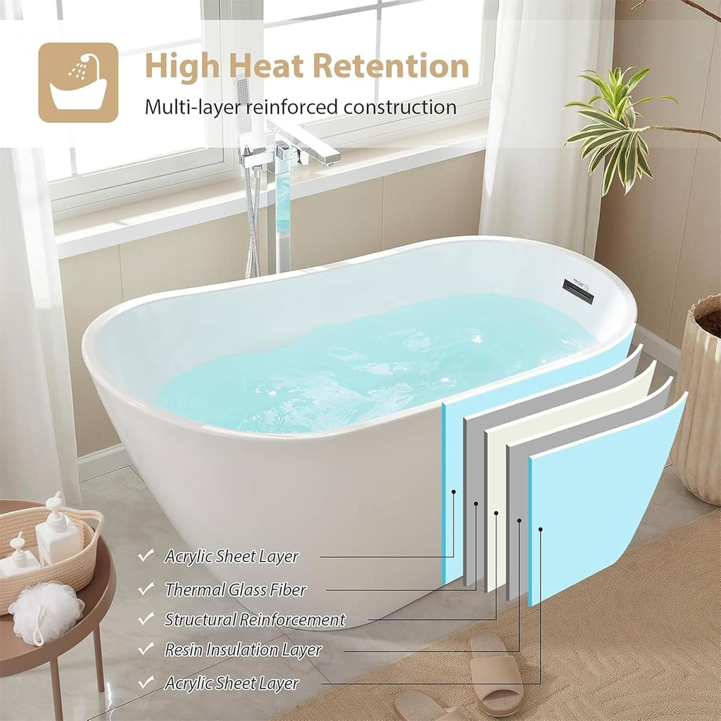 Vanity Art 55 x 28 Inches Freestanding Bathtub White Acrylic Bathtub Modern Stand Alone Soaker Tub with UPC Certified Slotted Overflow and Pop-up Drain for Single Person Bathing