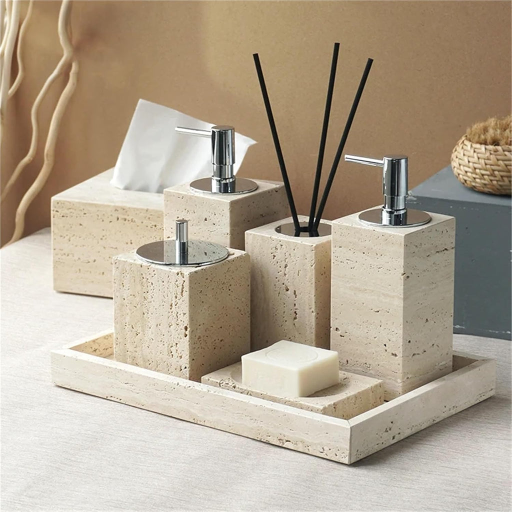 Beige Travertine Bathroom Accessories Set Natural Marble Soap Dispenser Soap Reed Diffuser Vanity Tray Kit Bathroom(Color-22)