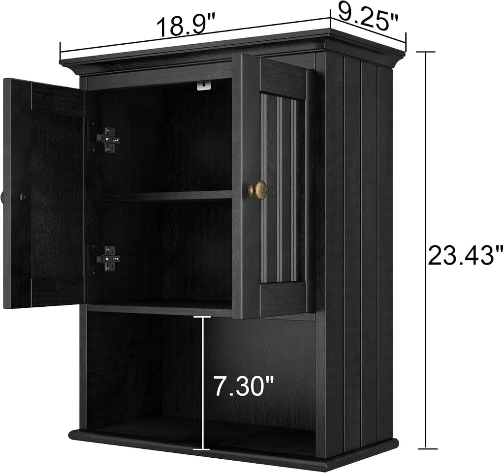 Treocho Wood Wall Cabinet Bathroom Medicine Cabinet Storage with Doors and Adjustable Shelf Wall Mount for Bathroom, Livingroom, Kitchen, Cupboard, Black